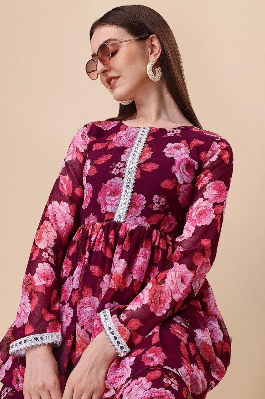 Maroon printed kurta with sharara