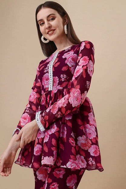 Maroon printed kurta with sharara