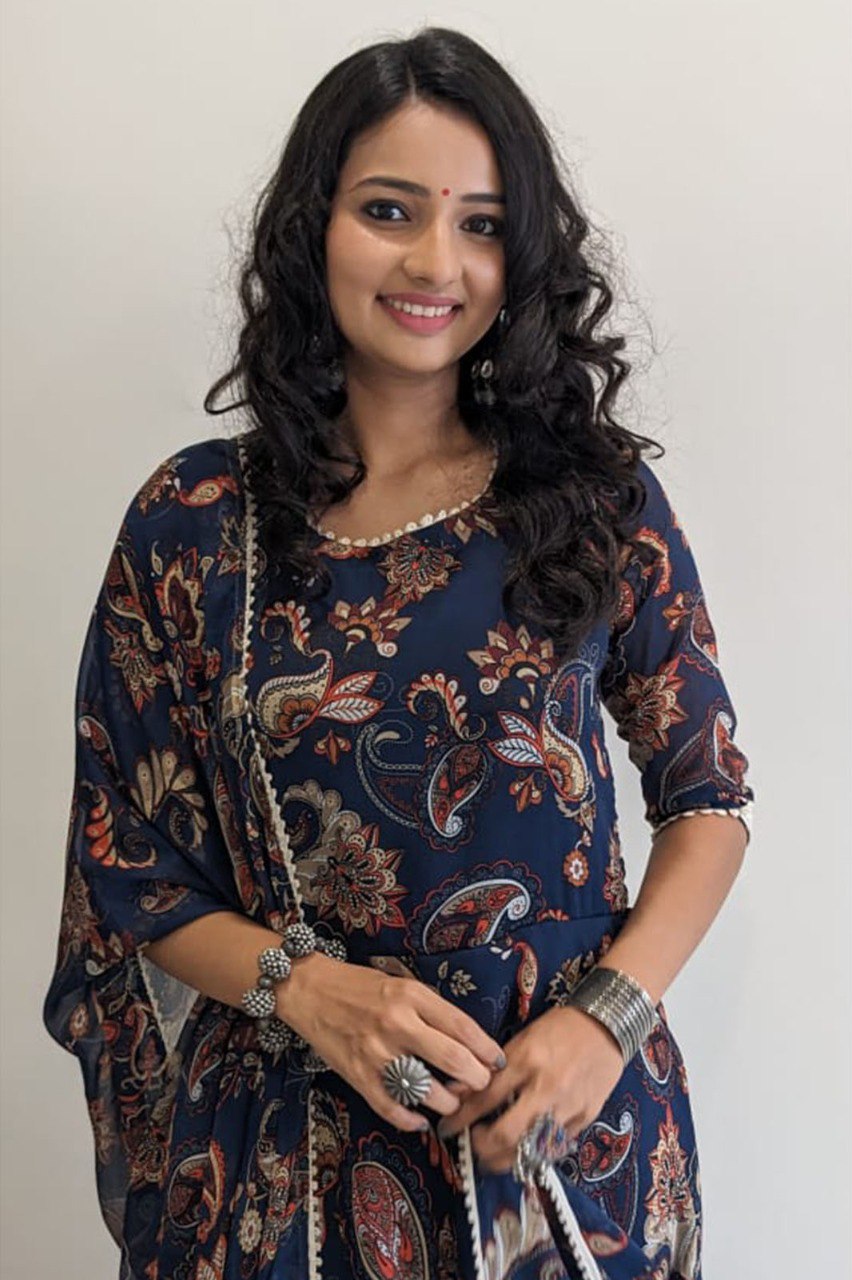 Nevy blue printed A-line kurta with dupatta