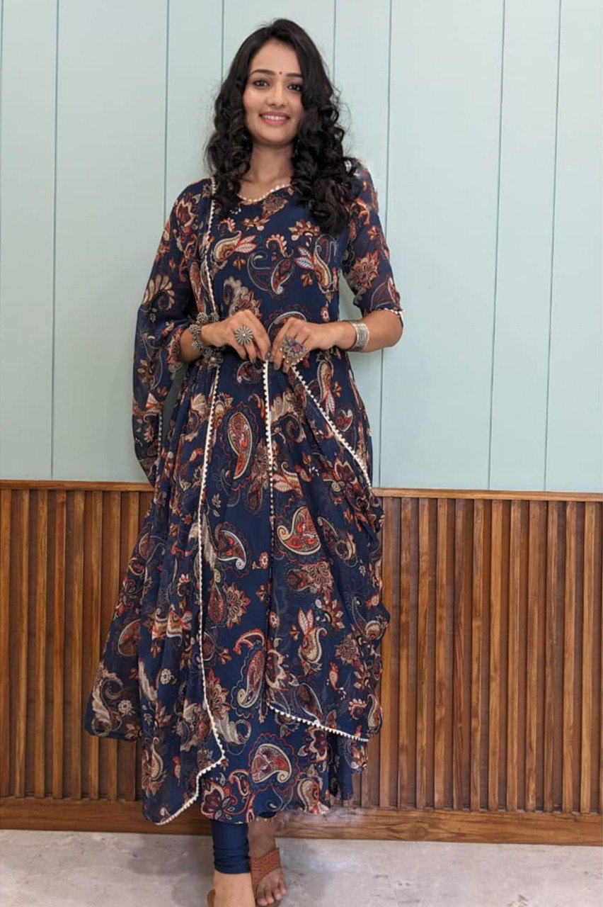 Nevy blue printed A-line kurta with dupatta