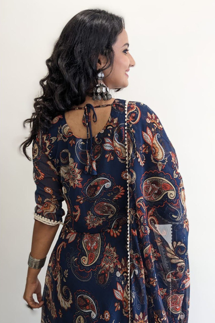 Nevy blue printed A-line kurta with dupatta