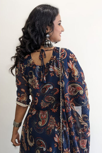 Nevy blue printed A-line kurta with dupatta