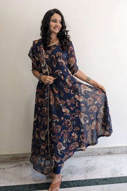 Nevy blue printed A-line kurta with dupatta