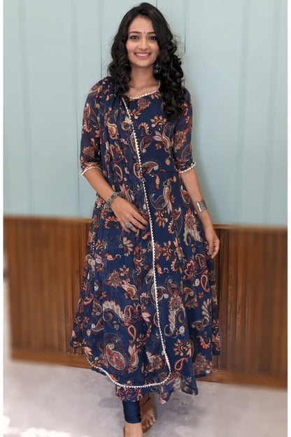 Nevy blue printed A-line kurta with dupatta