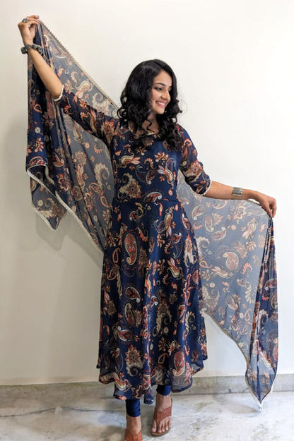 Nevy blue printed A-line kurta with dupatta