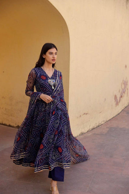 Nevy blue  bandhani print  kurta with dupatta