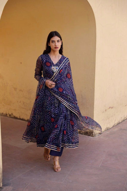 Nevy blue  bandhani print  kurta with dupatta