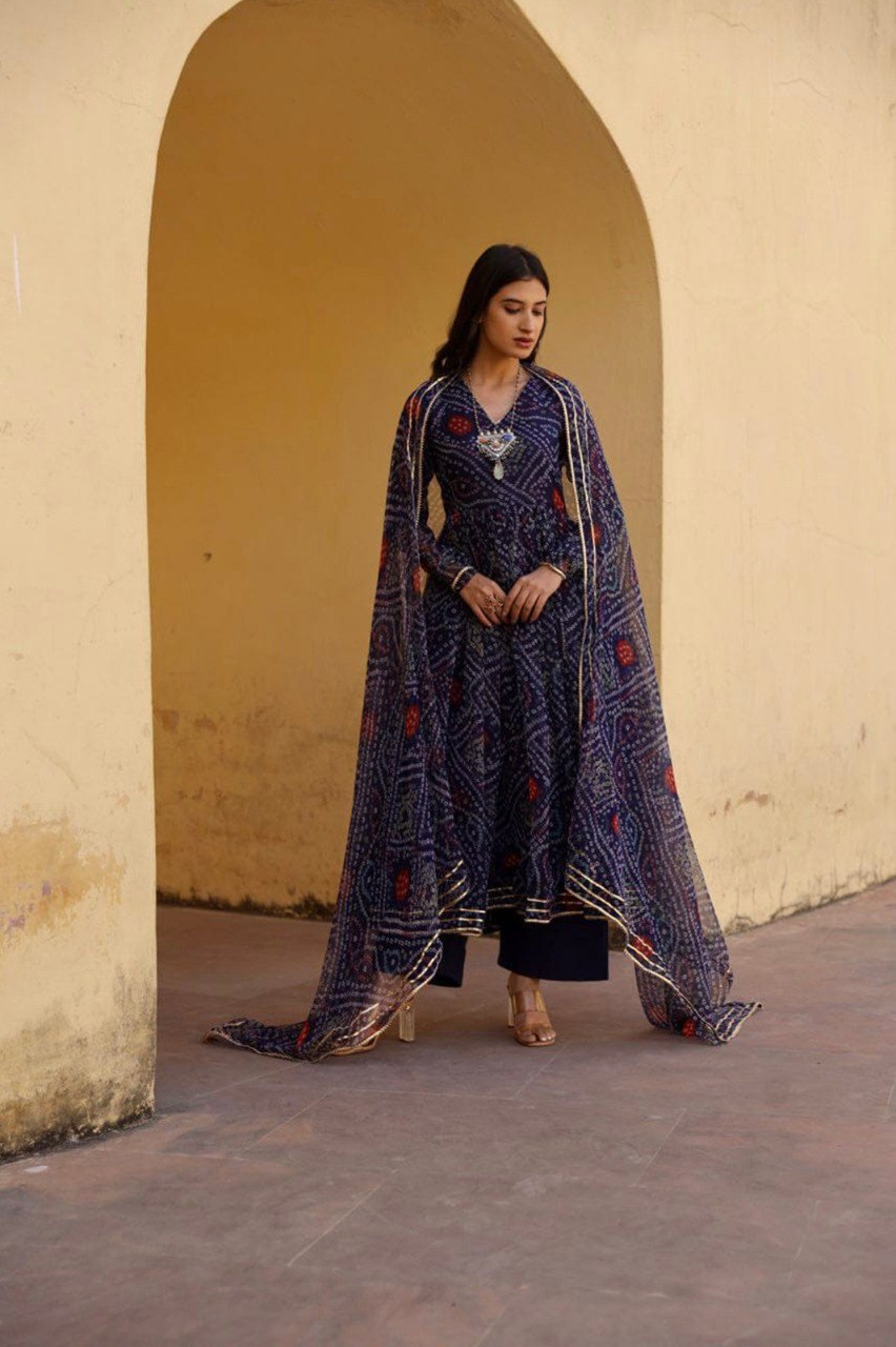Nevy blue  bandhani print  kurta with dupatta