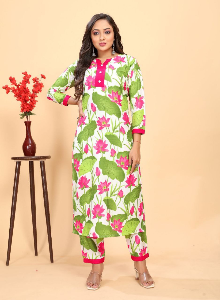 Multi Colour Floral Printed Rayon Kurta With Pant