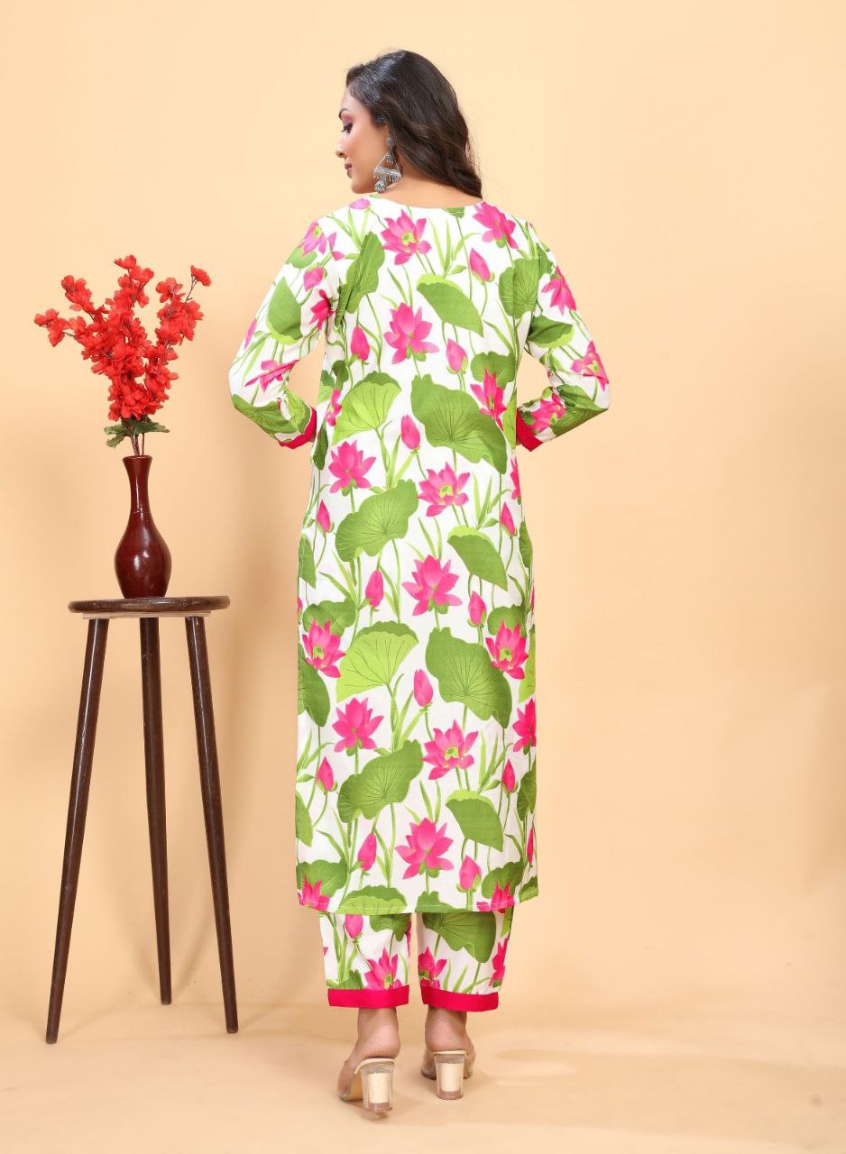 Multi Colour Floral Printed Rayon Kurta With Pant
