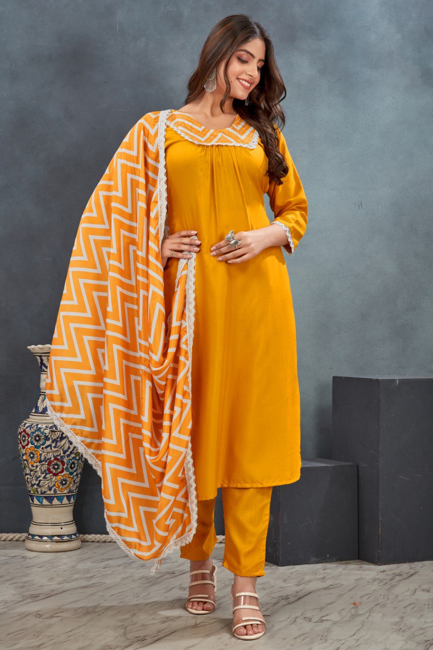 Ethnic Motifs Yoke Designed Straight  Kurta-pant & Dupatta