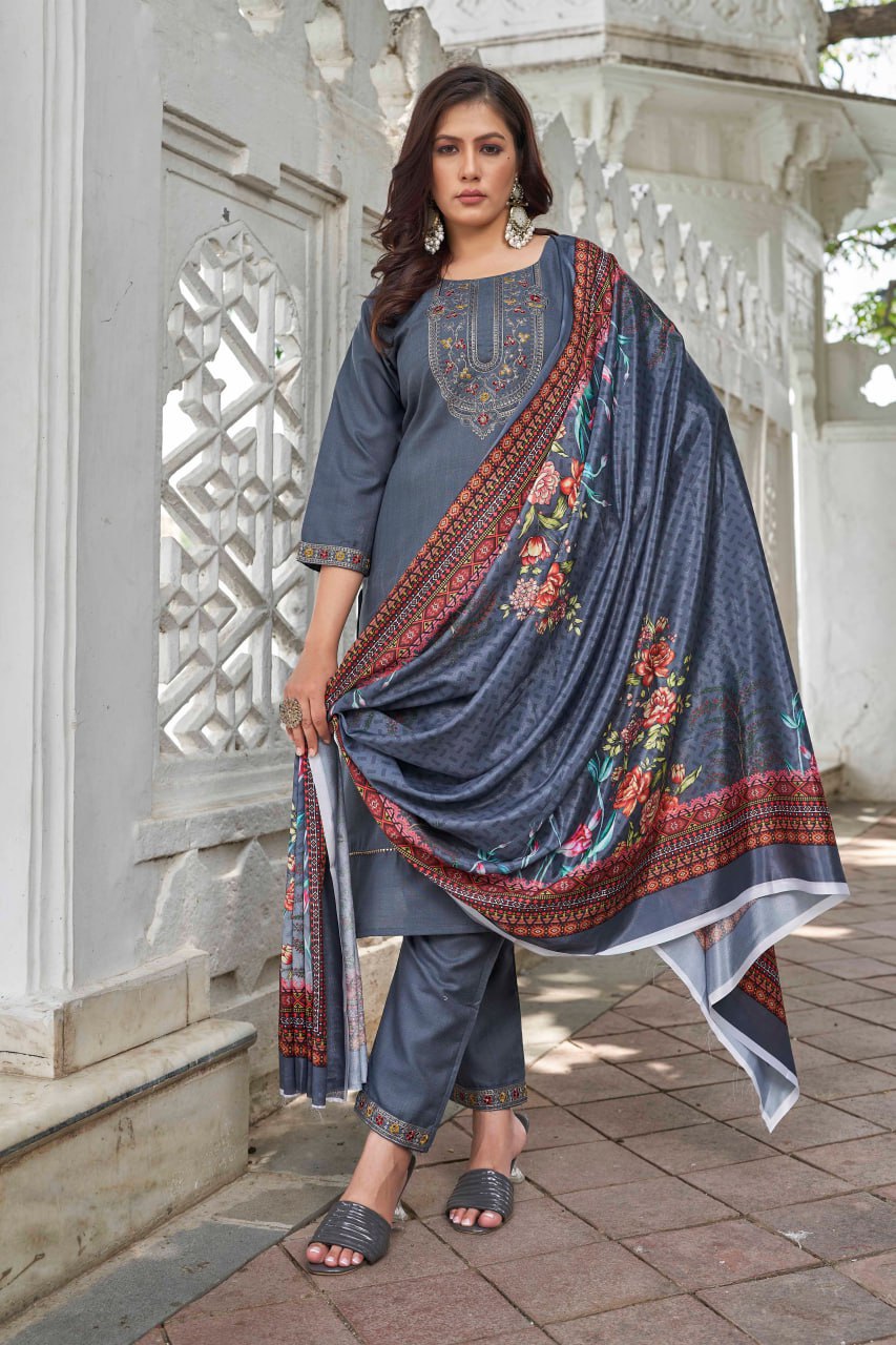 Grey Ethnic Motifs Yoke Designed Straight  Kurta-pant & Dupatta