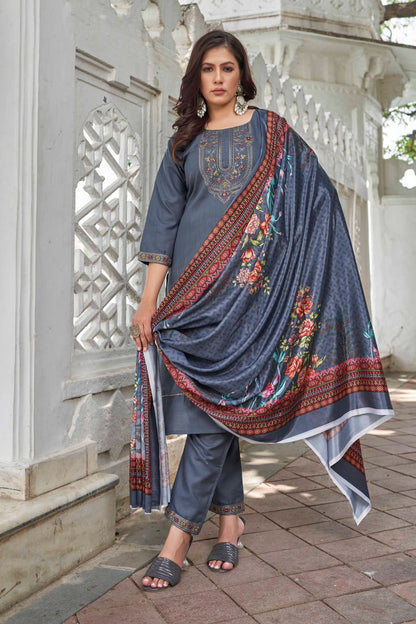 Grey Ethnic Motifs Yoke Designed Straight  Kurta-pant & Dupatta