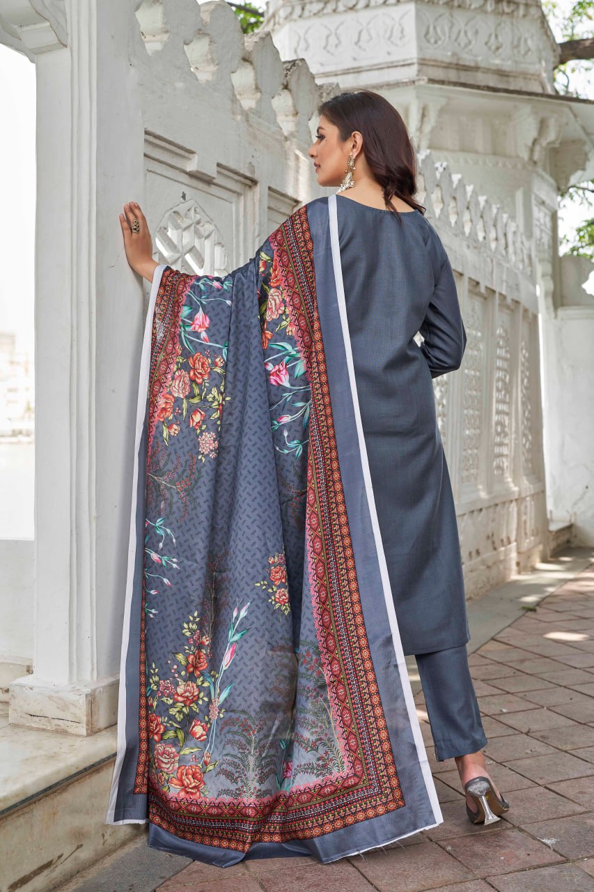 Grey Ethnic Motifs Yoke Designed Straight  Kurta-pant & Dupatta