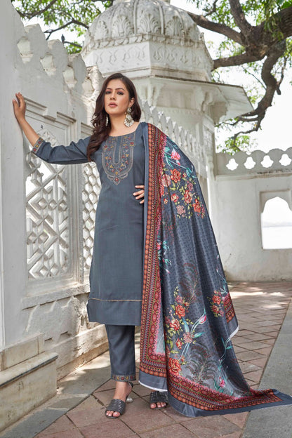 Grey Ethnic Motifs Yoke Designed Straight  Kurta-pant & Dupatta