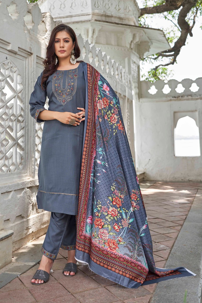 Grey Ethnic Motifs Yoke Designed Straight  Kurta-pant & Dupatta