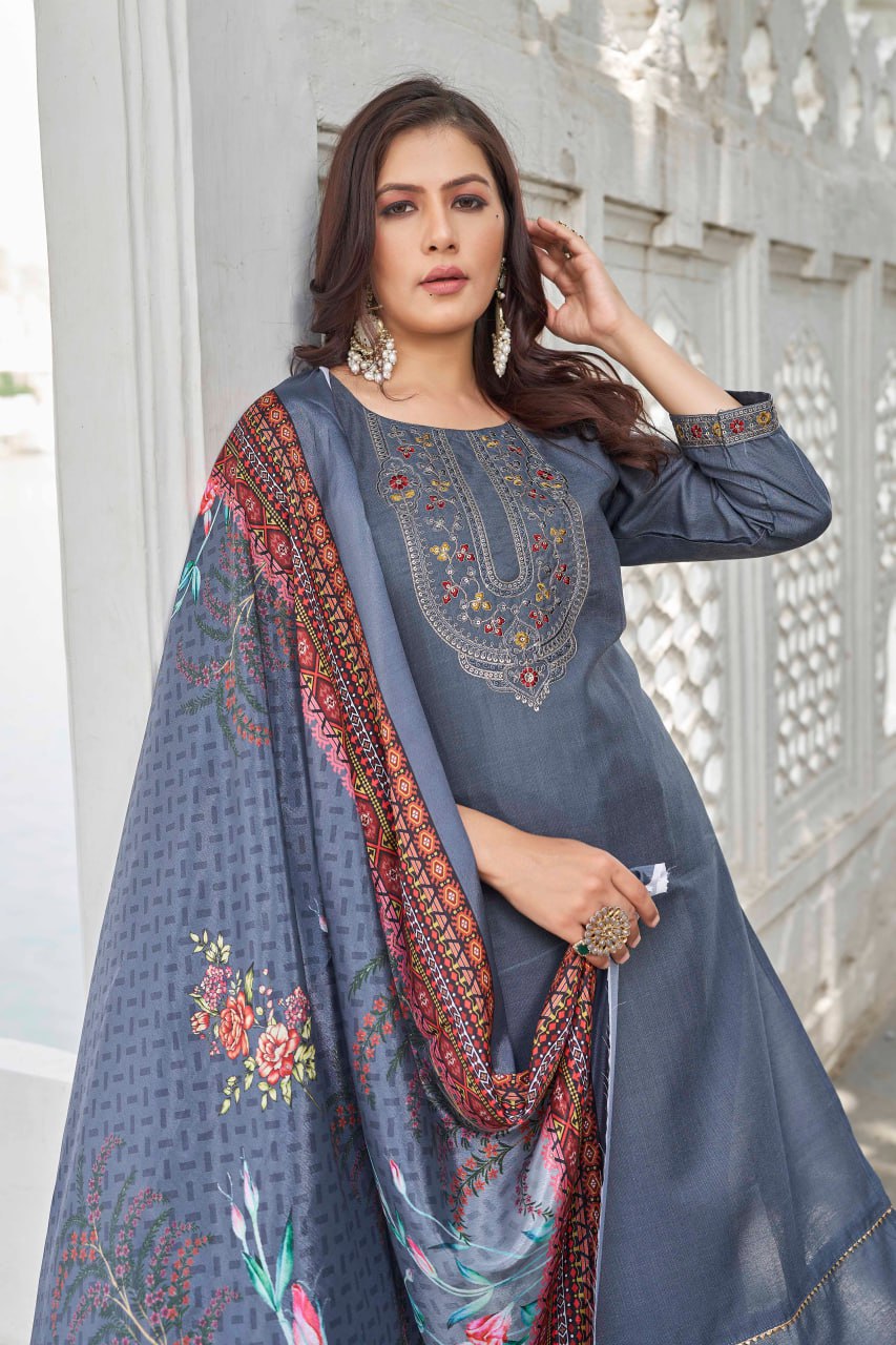 Grey Ethnic Motifs Yoke Designed Straight  Kurta-pant & Dupatta