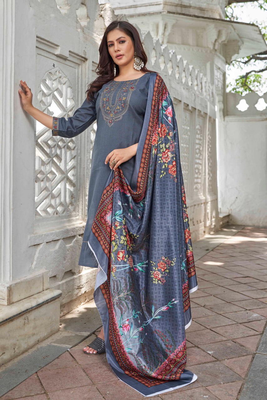 Grey Ethnic Motifs Yoke Designed Straight  Kurta-pant & Dupatta