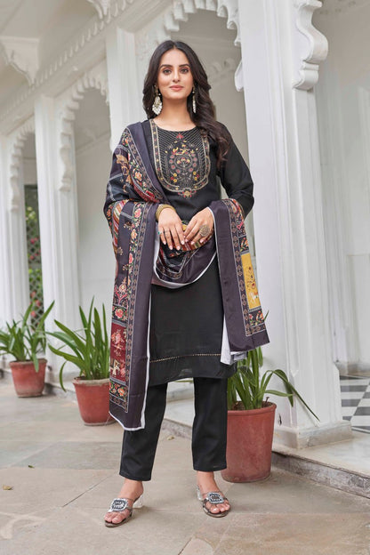 Black Ethnic Motifs Yoke Designed Straight  Kurta-pant & Dupatta