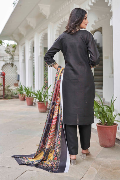 Black Ethnic Motifs Yoke Designed Straight  Kurta-pant & Dupatta