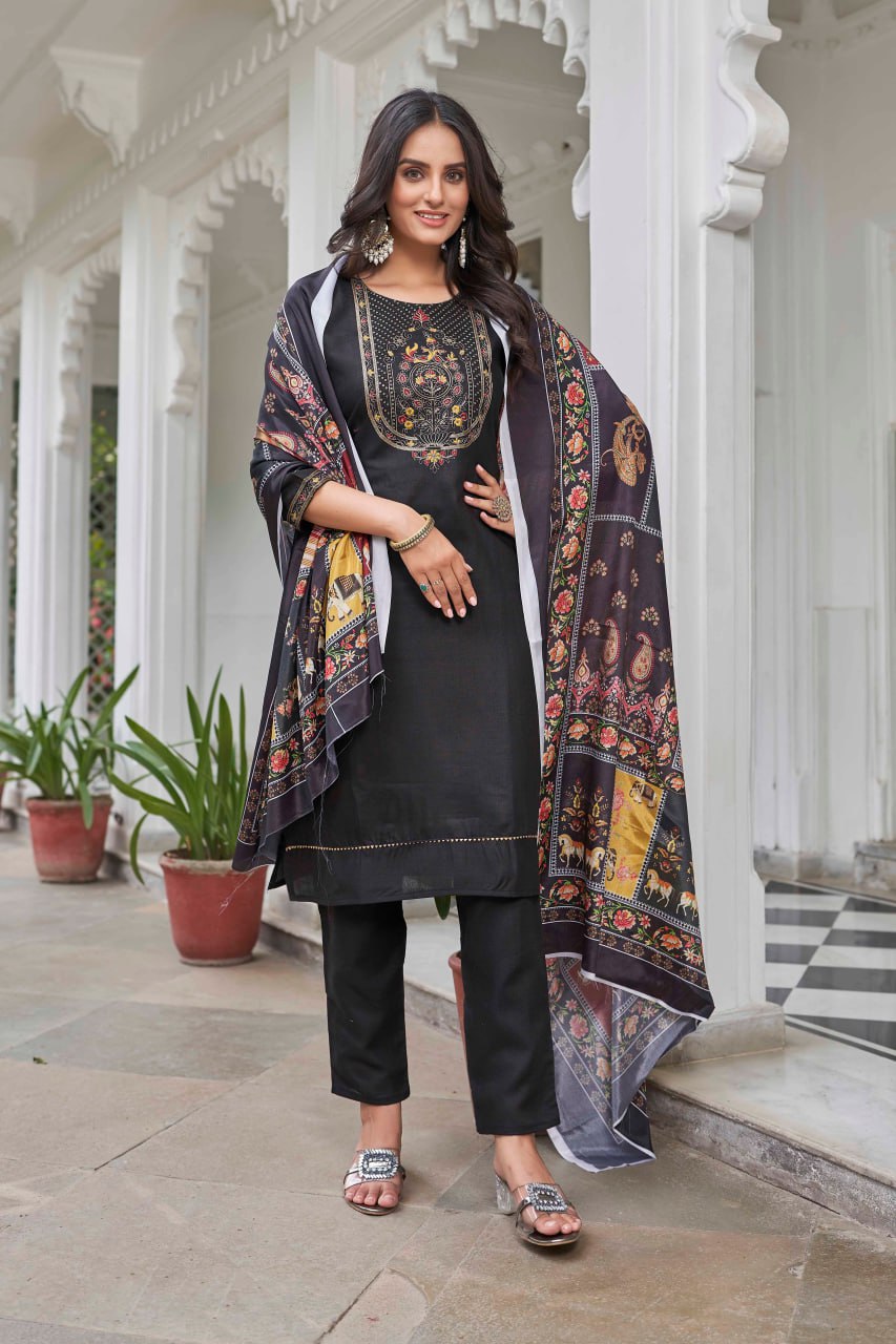 Black Ethnic Motifs Yoke Designed Straight  Kurta-pant & Dupatta