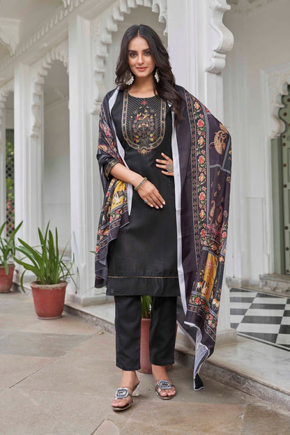 Black Ethnic Motifs Yoke Designed Straight  Kurta-pant & Dupatta