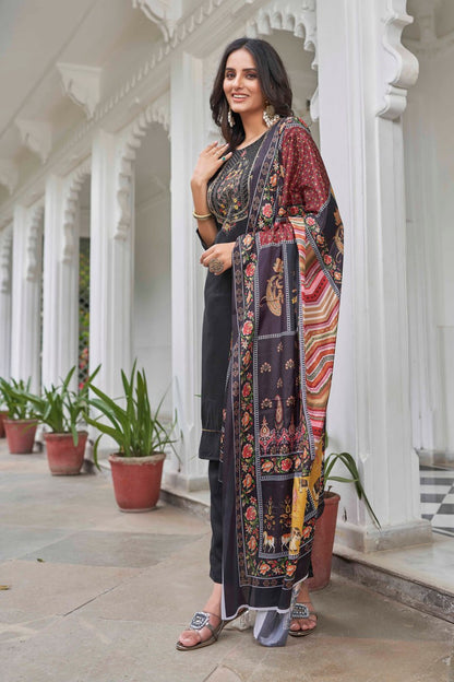 Black Ethnic Motifs Yoke Designed Straight  Kurta-pant & Dupatta