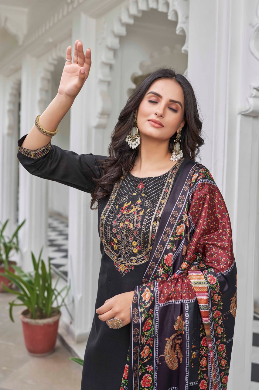 Black Ethnic Motifs Yoke Designed Straight  Kurta-pant & Dupatta