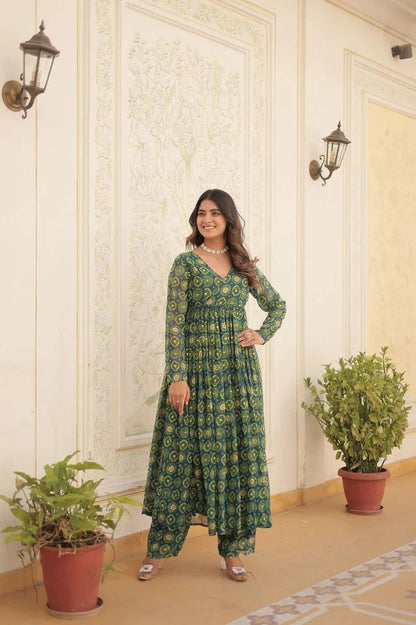 Green Foil print flared kurta pant