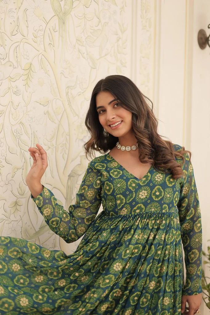 Green Foil print flared kurta pant