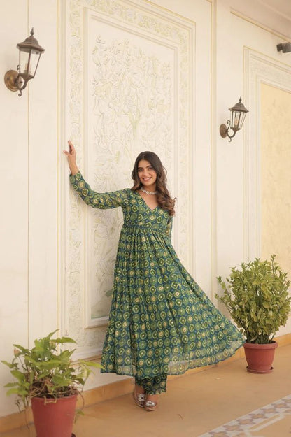 Green Foil print flared kurta pant