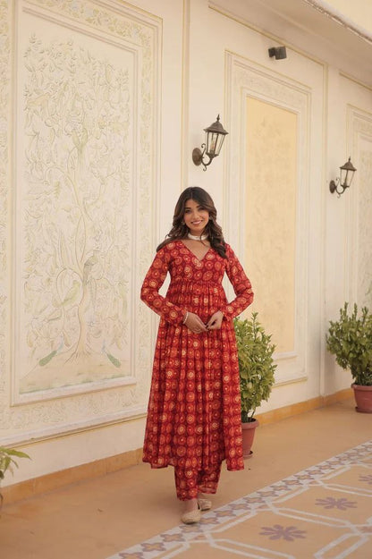 Red Foil print flared kurta pant