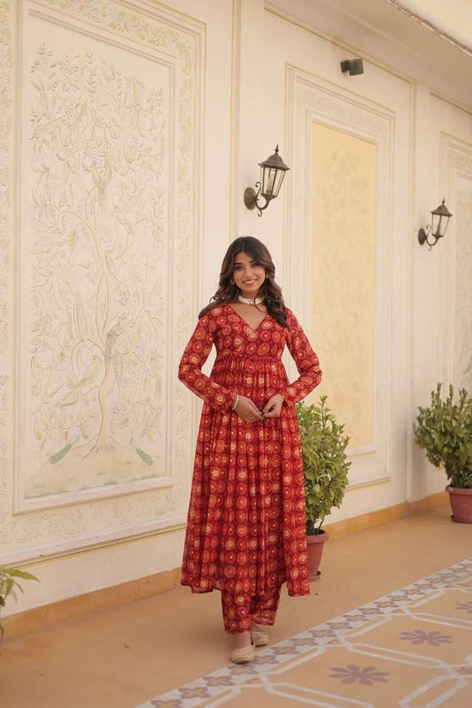 Red Foil print flared kurta pant
