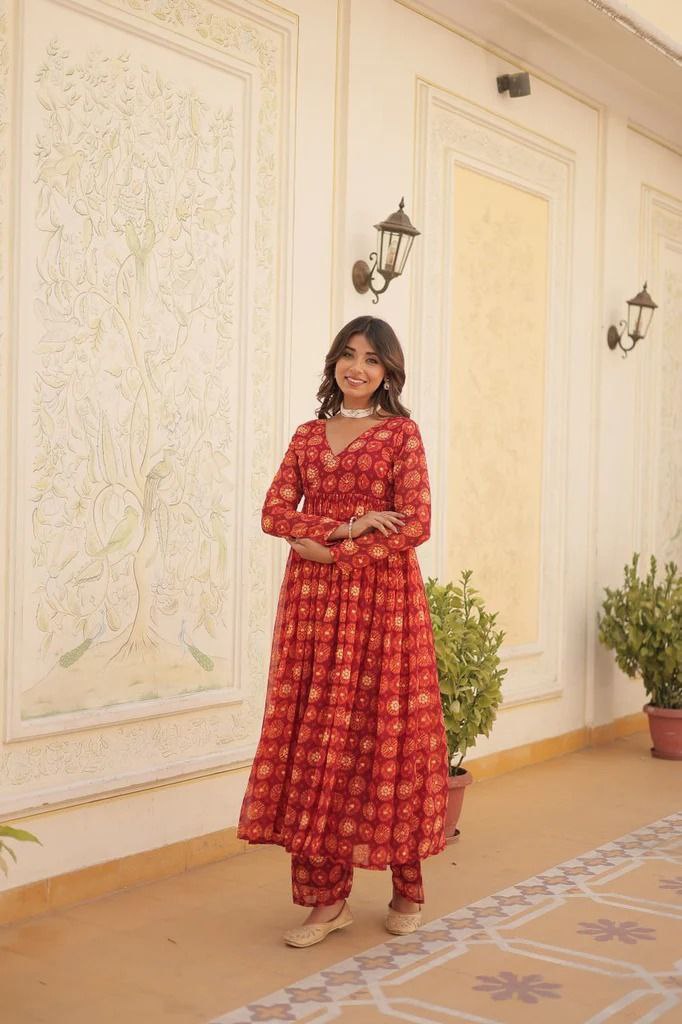Red Foil print flared kurta pant