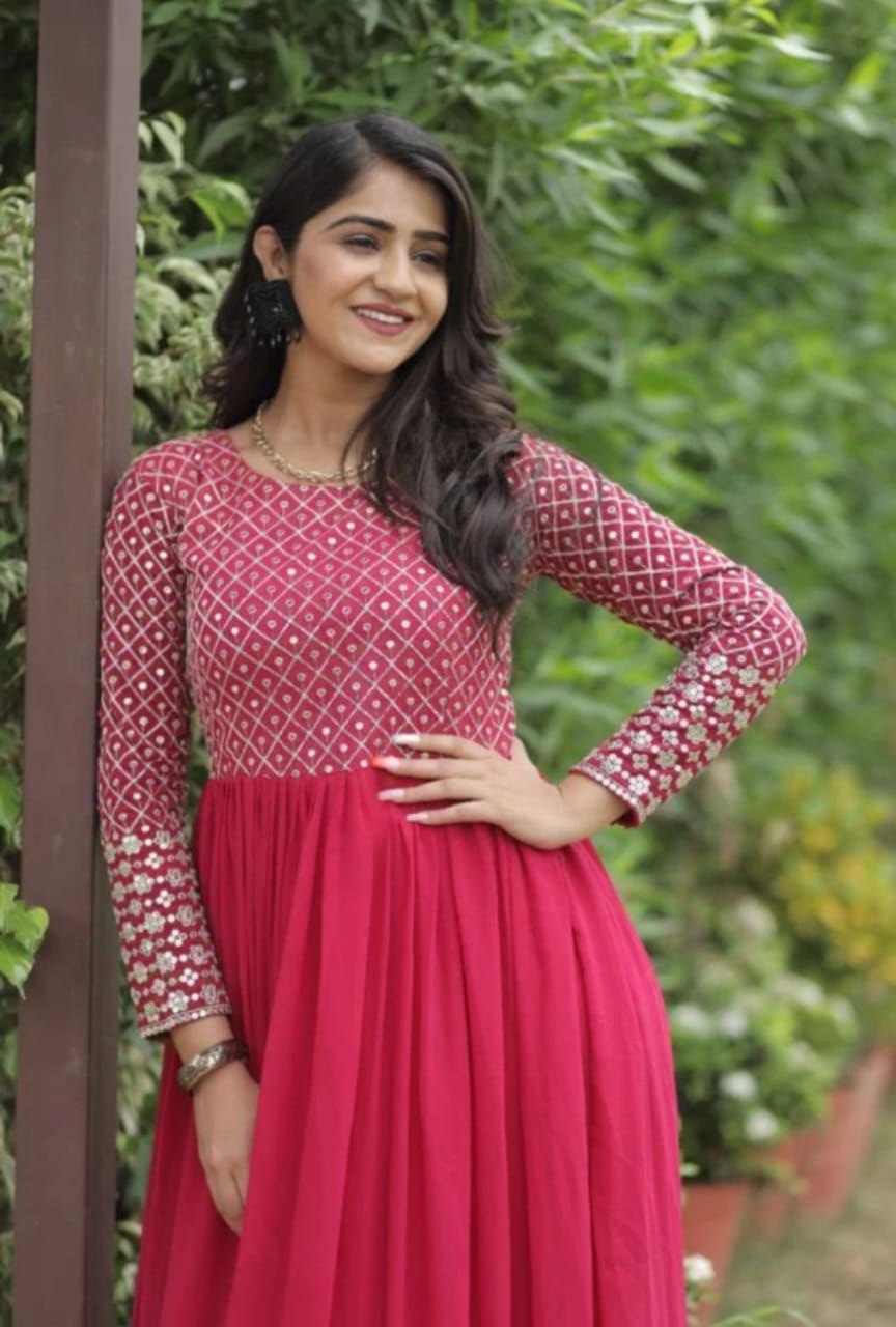 woman Pink embroidered georgette anarkali gown