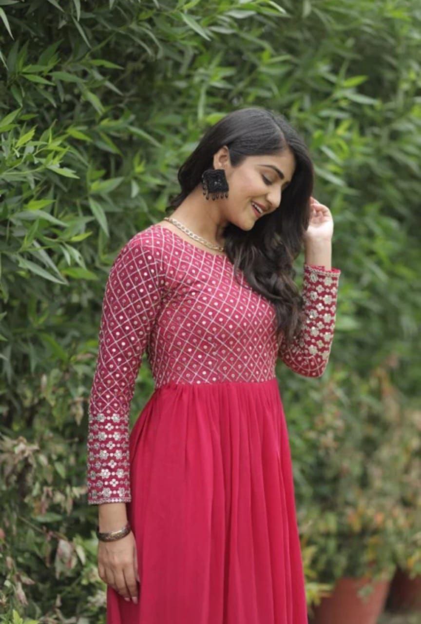 woman Pink embroidered georgette anarkali gown