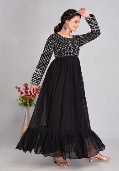 woman Black  embroidered georgette anarkali gown