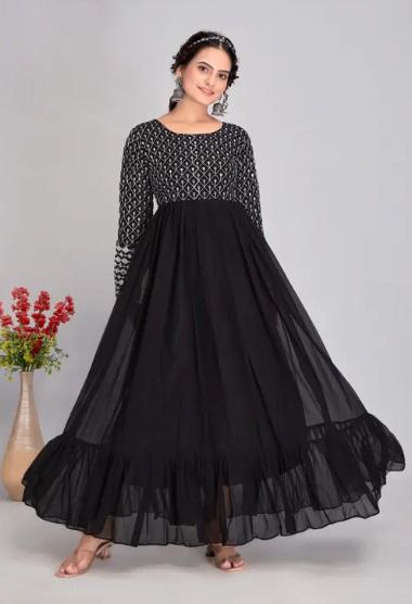 woman Black  embroidered georgette anarkali gown