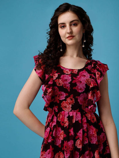 woman maroon floral printed long  dress