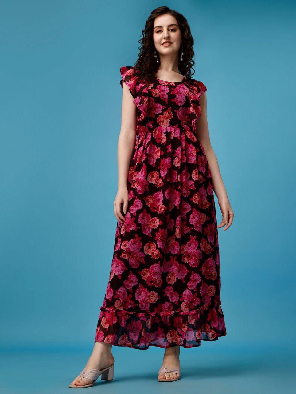 woman maroon floral printed long  dress
