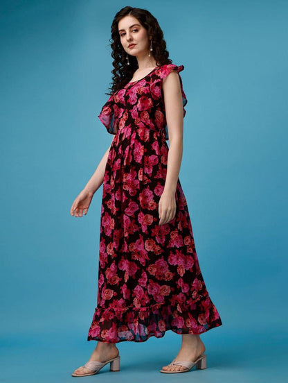 woman maroon floral printed long  dress