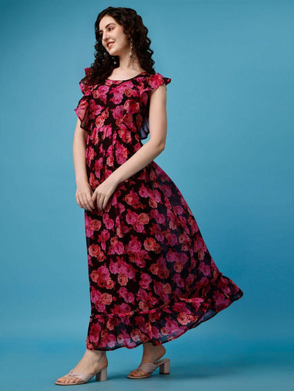 woman maroon floral printed long  dress