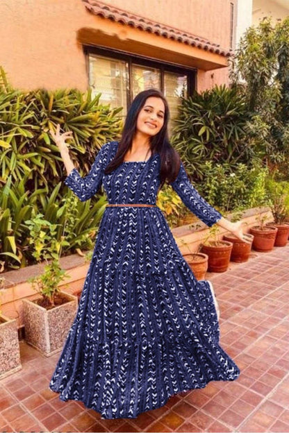 Fancy nevy Blue Georgette printed long dress with belt
