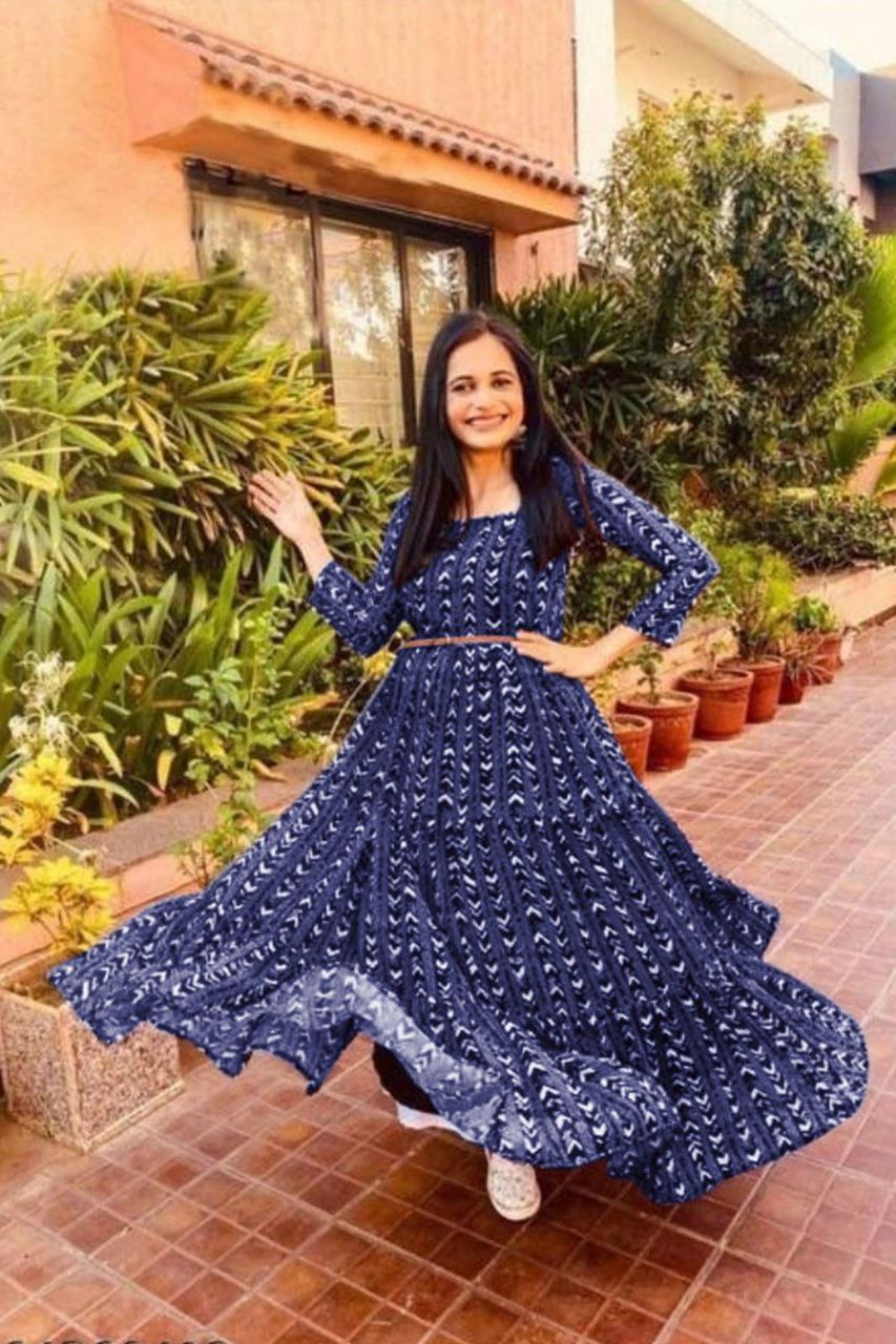 Fancy nevy Blue Georgette printed long dress with belt
