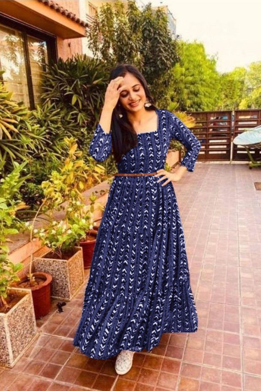 Fancy nevy Blue Georgette printed long dress with belt