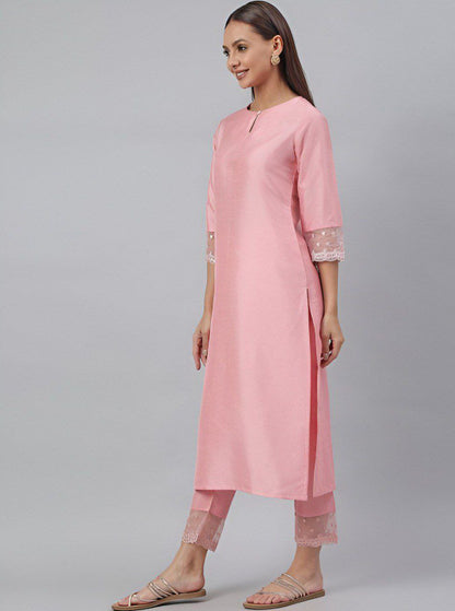Women Pink Roman silk kurti with trouser