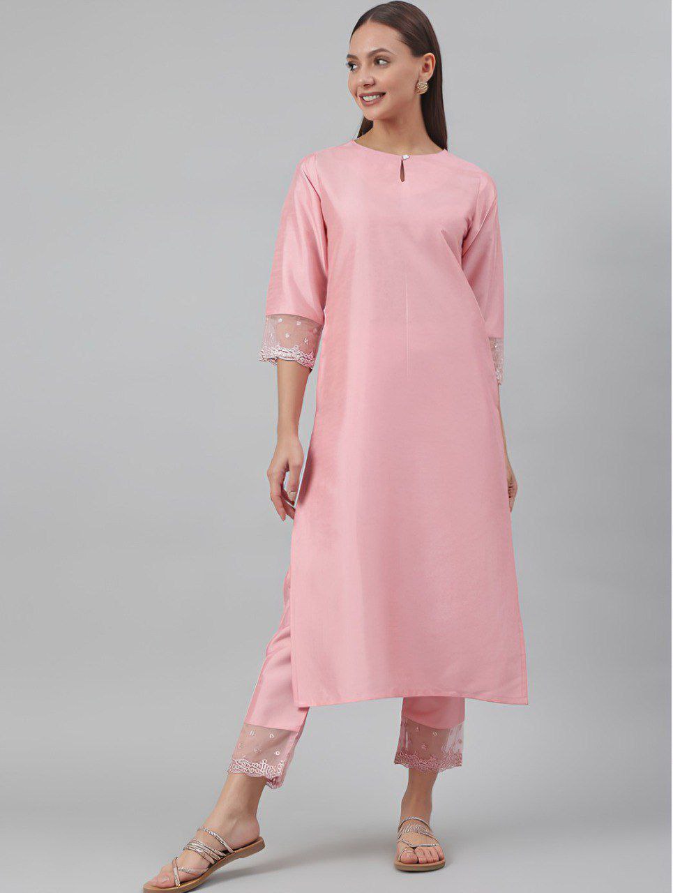 Women Pink Roman silk kurti with trouser