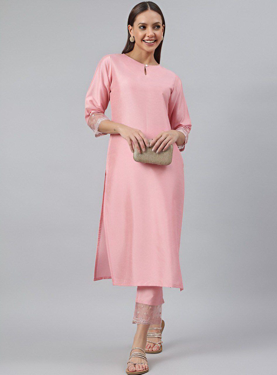 Women Pink Roman silk kurti with trouser