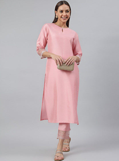 Women Pink Roman silk kurti with trouser