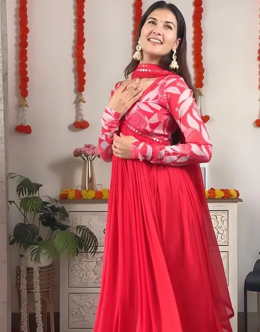 Heavy georgette with digital printed & embroidery lace gown